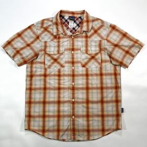 Patagonia Three Trees Mens Medium Orange Plaid Short Sleeve Button Up Shirt